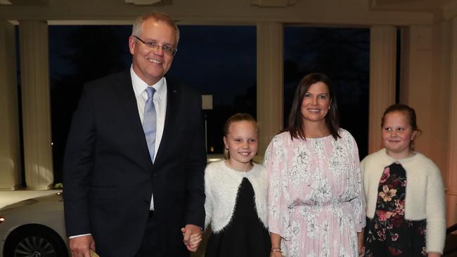 Scott Morrison and his family arriving at Government House, Canberra. Part of the new PM’s appeal is that he’s a likeable dad. (Pic: Kym Smith)