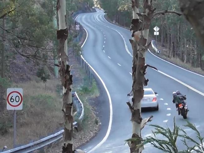 A motorbike rider was clocked doing 104km/h in a 60 zone with an eight-year-old pillion passenger on-board. Picture: QPS