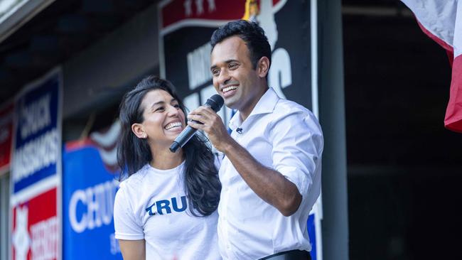 Republican presidential candidate Vivek Ramaswamy speaks to the crowd alongside wife Apoorva Tewani during a Labor Day Picnic. Picture: AFP