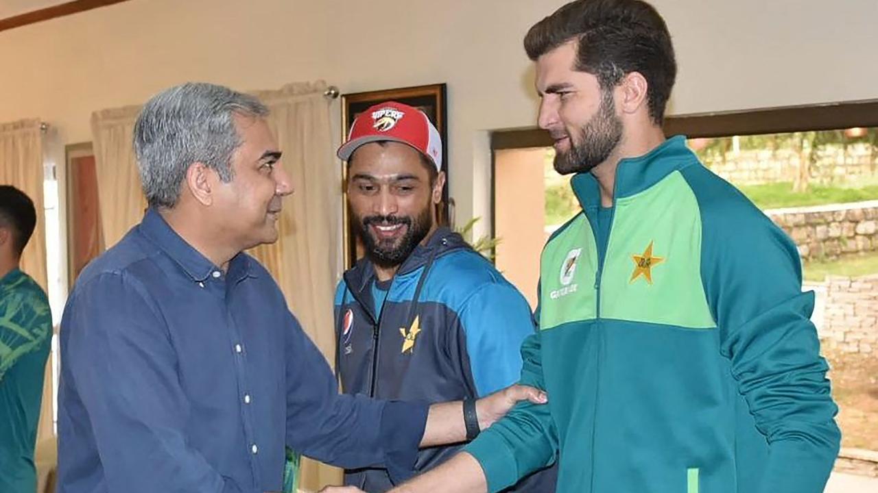 PCB Chairman Mohsin Naqvi meets with cricketer Shaheen Shah Afridi. Photo by Pakistan Cricket Board (PCB) / AFP