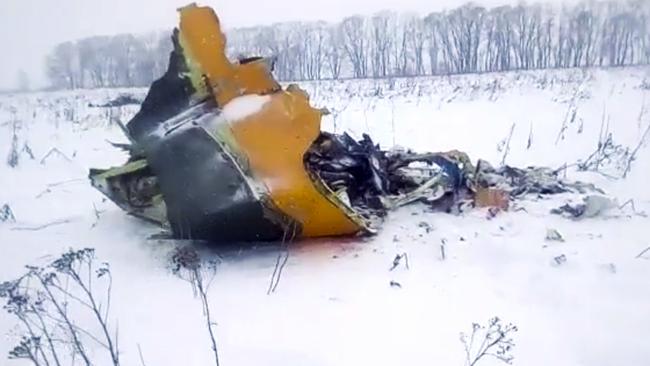 In this screen grab provided by the Life.ru, the wreckage of a AN-148 plane is seen in Stepanovskoye village, about 40 kilometers (25 miles) from the Domodedovo airport, Russia, Sunday, Feb. 11, 2018. Russia's Emergencies Ministry says a passenger plane has crashed near Moscow and fragments of it have been found. (Life.ru via AP)