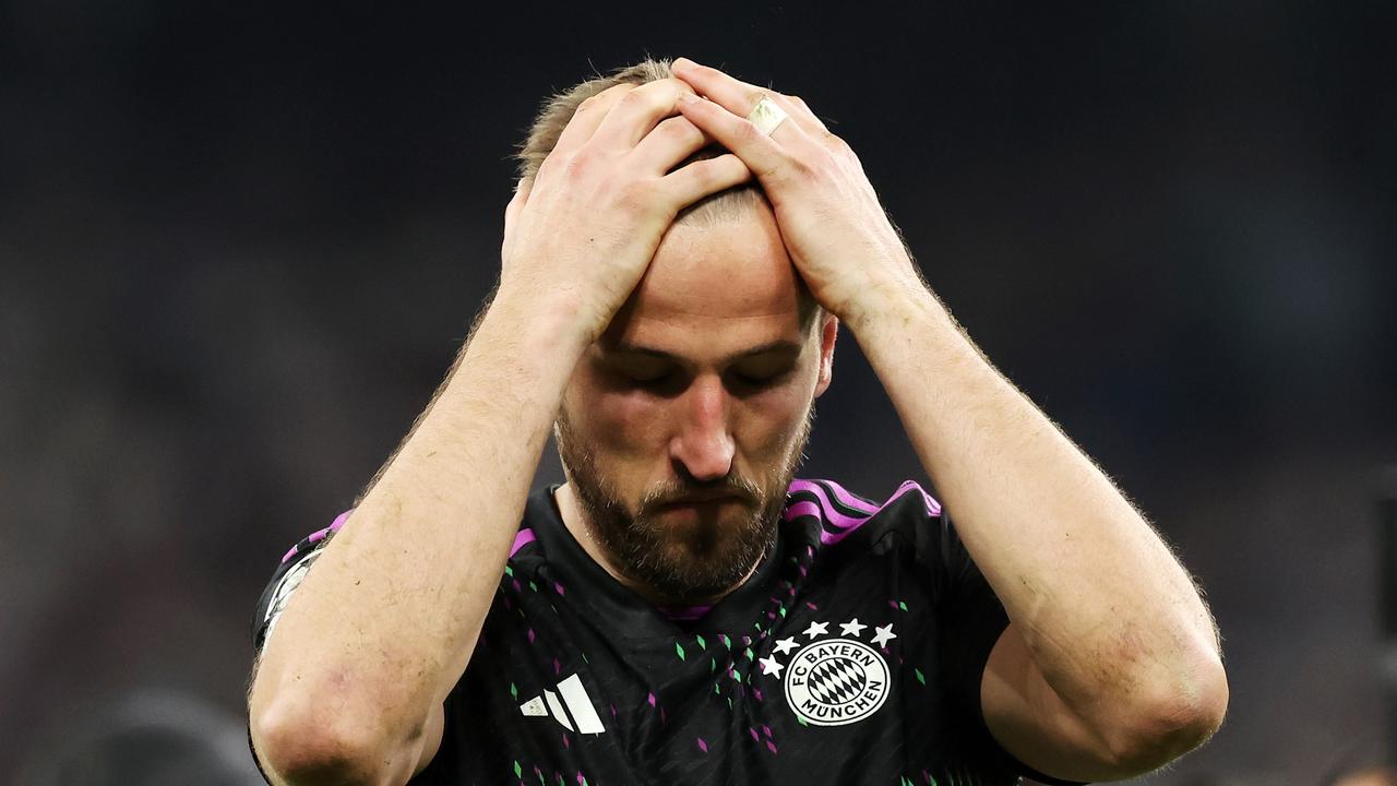 MADRID, SPAIN \– MAY 08: Harry Kane of Bayern Munich looks dejected after the team's defeat and elimination from the UEFA Champions League during the UEFA Champions League semi-final second leg match between Real Madrid and FC Bayern MÃ&#131;Â¼nchen at Estadio Santiago Bernabeu on May 08, 2024 in Madrid, Spain. (Photo by Alexander Hassenstein/Getty Images)