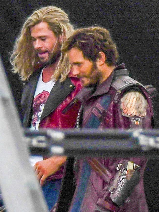 Chris Hemsworth as Thor and Chris Pratt as Star-Lord on the Sydney set of Thor: Love and Thunder. Picture: Media Mode