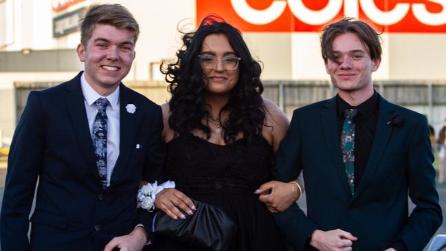 Ben Christensen, Dylan Hensler-Kimmins and Parneet Kaur at the 2023 Bundaberg State High School Formal.