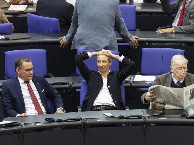 Co-leader of the far-right Alternative for Germany (AfD) party Alice Weidel (C), co-leader of AfD party Tino Chrupalla (L) and honorary chairman of AfD Alexander Gauland wait during the second round of voting. Picture: Getty Images
