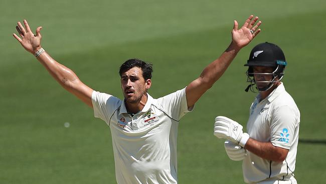 Mitchell Starc appeals for the wicket of Colin de Grandhomme, which was given out despite DRS showing no contact with the Kiwi batsman’s glove. <b/>