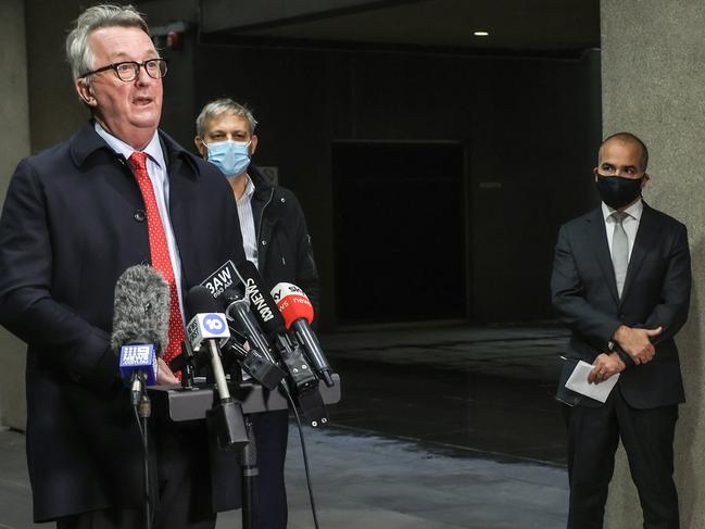 Health Minister Martin Foley with Professor Brett Sutton and acting Premier James Merlino at Wednesday’s announcement on lockdown. Picture: Ian Currie