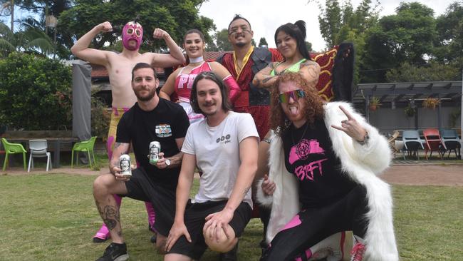 Promoting the Pro Wrestling Australia 'Rampage' event at the Petersham Bowling Club are (Back, from left) Hot Fudge, 'Designer Doll' Frankie B, 'The Dragonheart' Kai Drake and 'Human Weapon' Charli Evans. (Front, from left) Jeremy Cotterill (Young Henrys), Carl Manwarring (Petersham Bowling Club) and Digby 'Big Red Fire Truck' Robinson . Picture: Sean Teuma