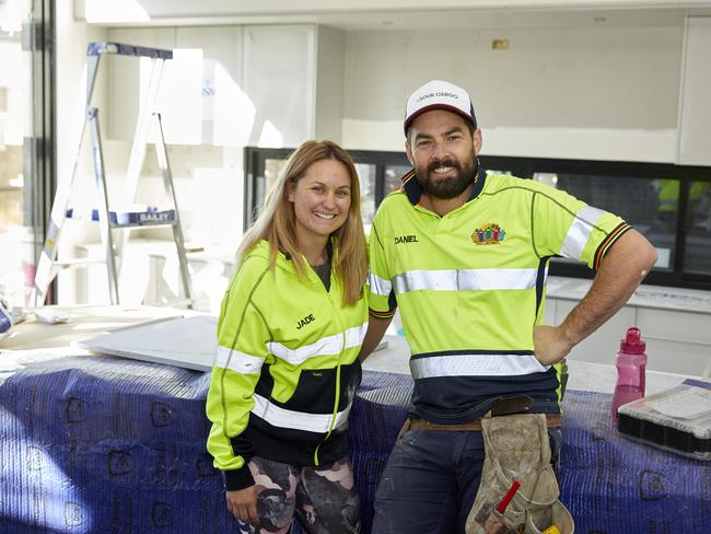 SA Block contestants Daniel and Jade Joyce won the The Block kitchen week with a Christian Cole-designed island bench. Picture: Channel 9