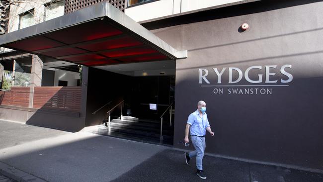 Some security guards at the Rydges Swanston quarantine site “passed certain comments” to female staff at the hotel, inquiry hears. Picture: David Geraghty