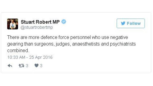 Stuart Robert’s original tweet which he has since deleted. Picture: Twiiter/Stuart Robert