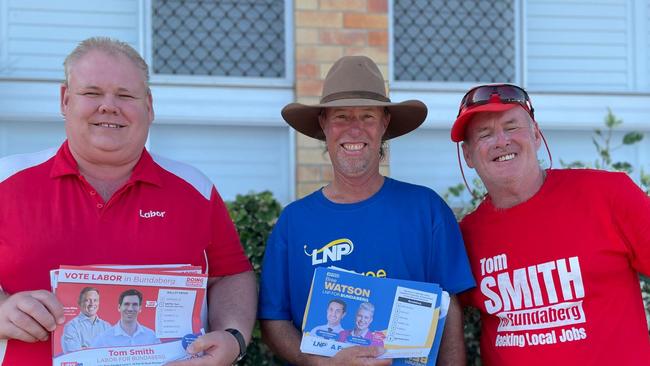 Volunteers Richard Pascoe, Andy Watson, and Matt Brennan take a break as voter numbers dwindle late in the afternoon.