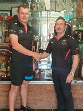 Christies Beach Football Club coach Darren Mason (R) welcomes prolific goal kicker Daniel Nobes (L) back to the club after spending the past three years playing for Waikerie. Picture: Supplied, Christies Beach Football Club