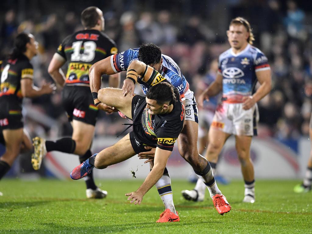 Jordan McLean tackles Nathan Cleary in the air.