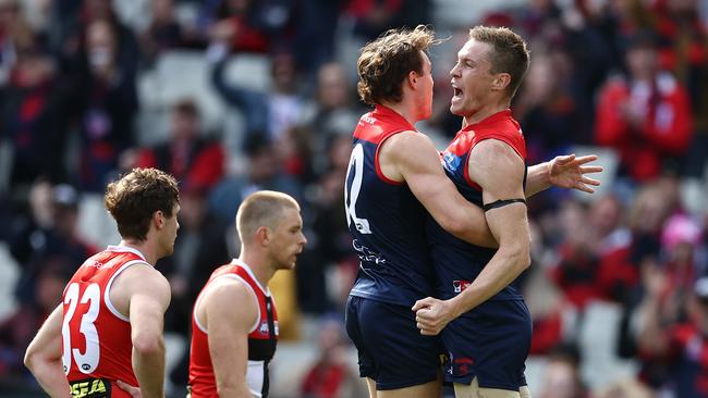 Tom McDonald celebrates a goal with Tom Sparrow. Picture: Michael Klein