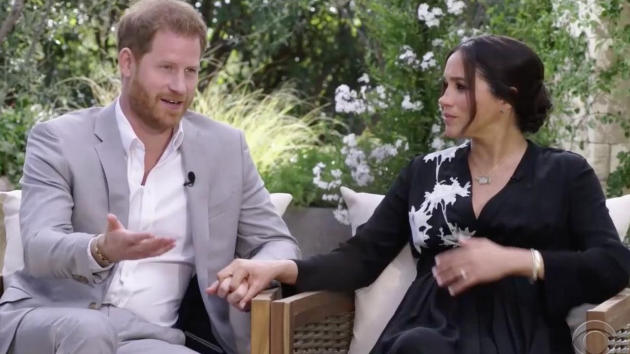 Harry and Meghan during their interview with Oprah Winfrey. Picture: CBS