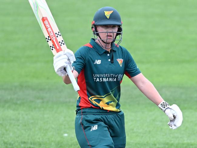 HOBART, AUSTRALIA - FEBRUARY 03: Rachel Trenaman of the Tigers celebrates scoring a half century during the WNCL match between Tasmania Tigers and ACT Meteors at Blundstone Arena, on February 03, 2025, in Hobart, Australia. (Photo by Steve Bell/Getty Images)