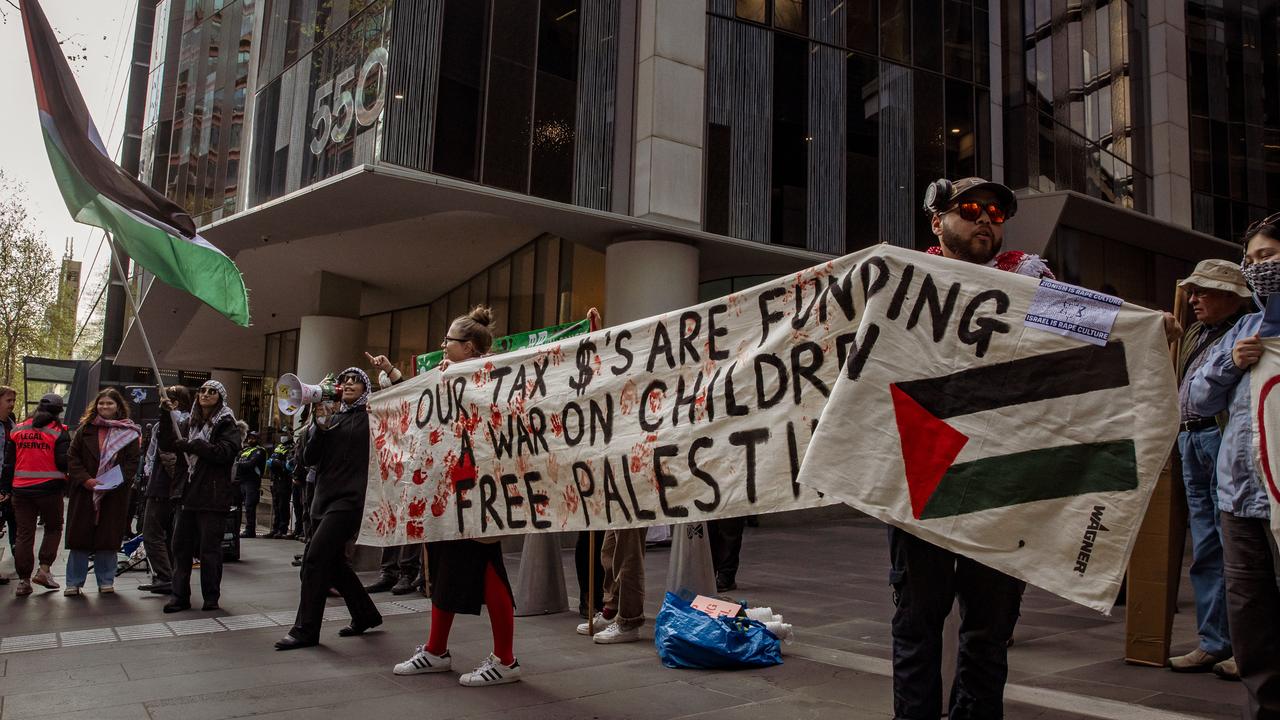 Protesters at Thursday’s rally outside Hanwha’s Melbourne HQ. Picture: NewsWire/Tamati Smith.