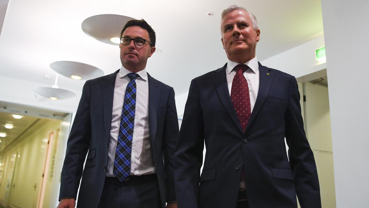 Re-elected Nationals Party leader Michael McCormack (right) and newly-elected Deputy leader David Littleproud arrive for a press conference after a Nationals party leadership spill. Picture: Lukas Coch/AAP