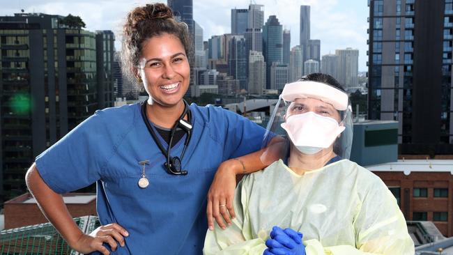 Mater Hospital emergency care nurses Jemieka Bailey and Pricilla Lobo, Mater Hospital, South Brisbane. Picture: Liam Kidston