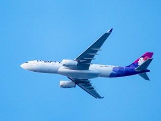 Hawaiian Airlines Airbus A330 passenger jet airplane on final approach to Honolulu International Airport, Oahu, Hawaii, USA.