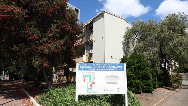 The Park Court housing trust apartments on Greenhill Rd, which will be replaced as part of the new high-rise development. Picture: Emma Brasier.