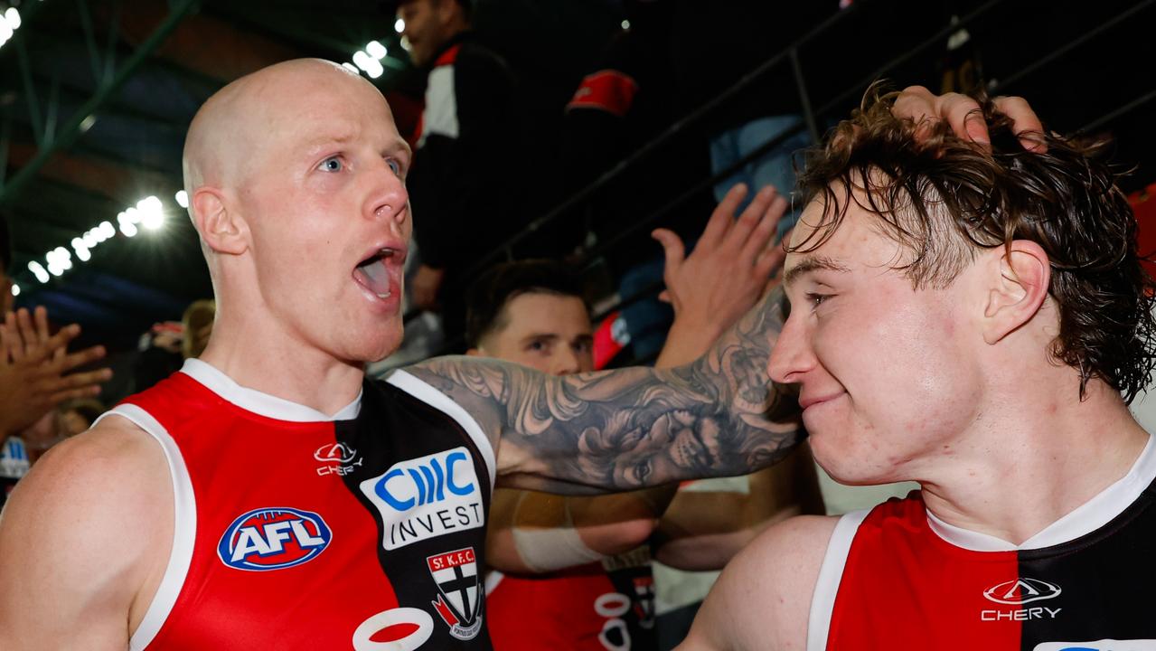 Experienced midfielder Zak Jones (left) has been a major part of St Kilda’s resurgence in the final two months of the season. Picture: Dylan Burns / Getty Images