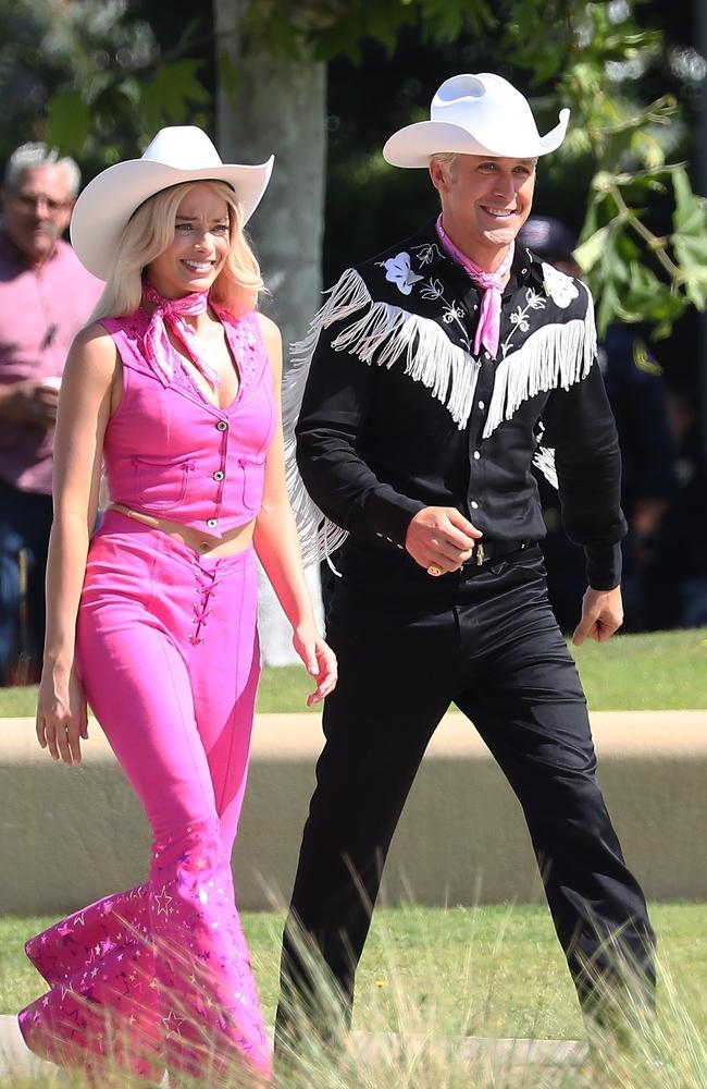 The pair were all smiles as they rocked their Barbie-themed getup. Picture: D. Sanchez/Backgrid