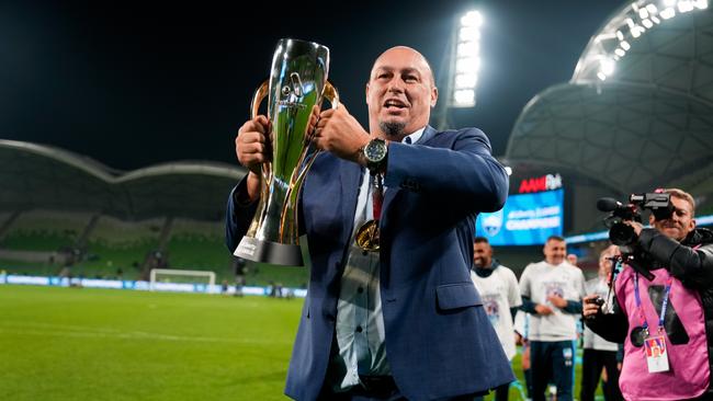 MELBOURNE, AUSTRALIA - MAY 04: Ante Juric, Coach of Sydney FC holds the trophy after coaching Sydney FC to victory in the the A-League Women Grand Final match between Melbourne City and Sydney FC at AAMI Park, on May 04, 2024, in Melbourne, Australia. (Photo by Asanka Ratnayake/Getty Images for A-Leagues)