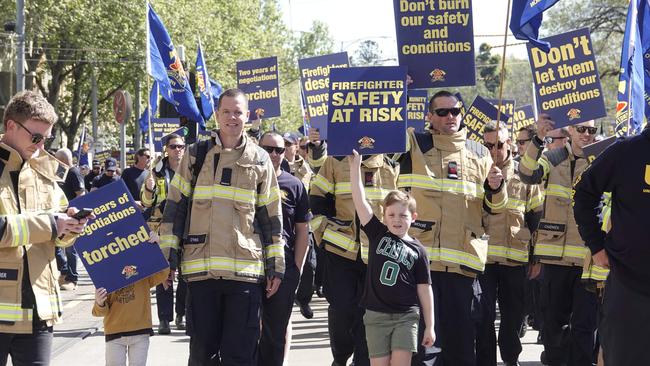 Firefighters protest in Melbourne over pay and conditions. Picture: Valeriu Campan