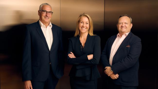 Outgoing chair Ari Mervis, incoming executive chair Olivia Wirth and outgoing chief executive John King from Myer.