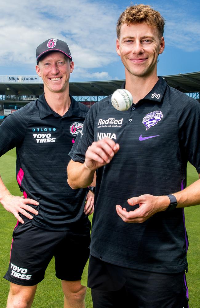 Sydney Sixers Jordan Silk and Hobart Hurricanes Riley Meredith, ahead of the BBL qualifying final at Ninja Stadium. Picture: Linda Higginson