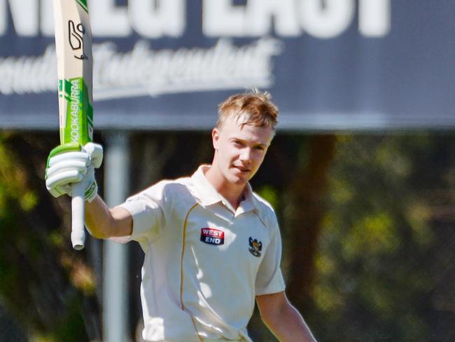 FEBRUARY 26, 2022: Glenelg batsman Isaac Higgins celebrates 100 runs during the Premier Cricket match between Glenelg v Sturt at Glenelg Oval. Picture: Brenton Edwards