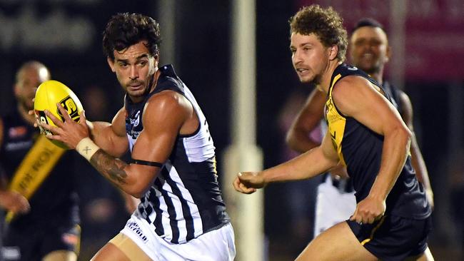 Port Adelaide’s Brandon Ah Chee gathers the ball against Glenelg. Picture: Tom Huntley