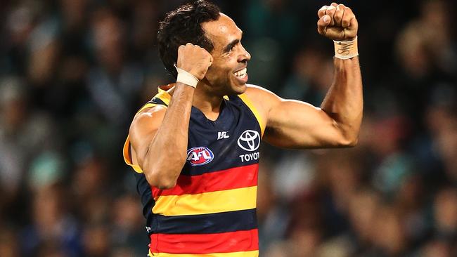 Eddie Betts celebrates a goal during the Showdown.