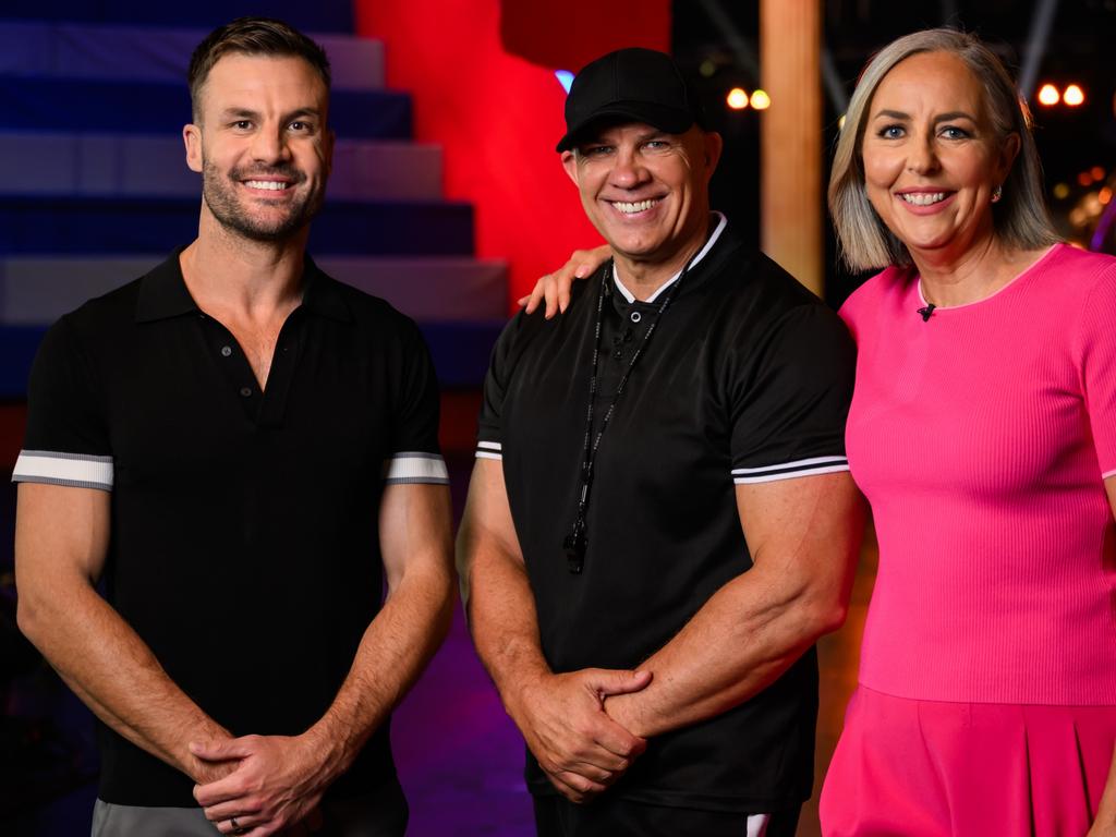 Hosts Beau Ryan and Liz Ellis with former rugby league star Mark McGaw, who will appear on the revived TV show, Gladiators, which will air on 10 in January, 2024. Picture: Supplied