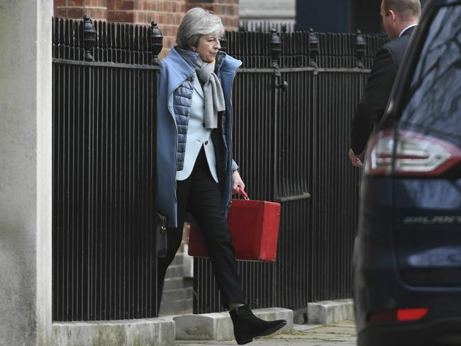 Britain's Prime Minister Theresa May leaves 10 Downing Street, in London, Friday, Jan. 18, 2019. Talks to end Britain's Brexit stalemate appeared deadlocked Friday, with neither Prime Minister Theresa May nor the main opposition leader shifting from their entrenched positions. (Stefan Rousseau/PA via AP)