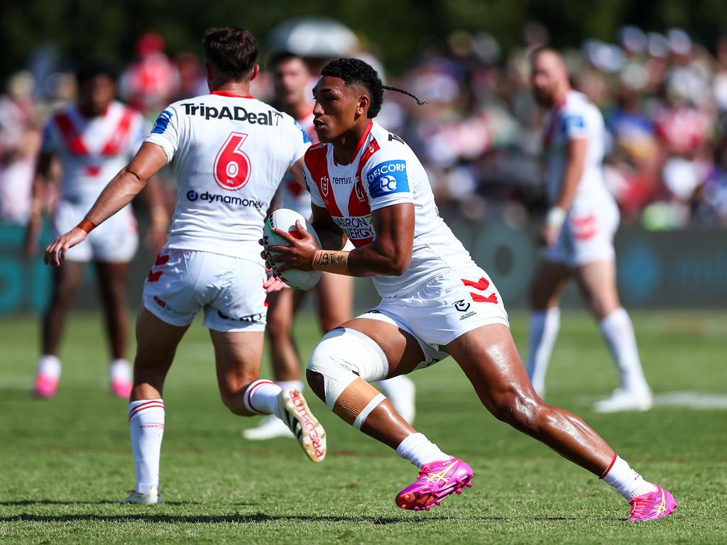 The Dragons' Loko Pasifiki Tonga carts the ball up in the Pre-Season Challenge. Pic: NRL