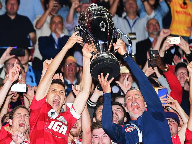 Marco Kurz (right) won the 2018 FFA Cup with Adelaide United. Pic: Getty