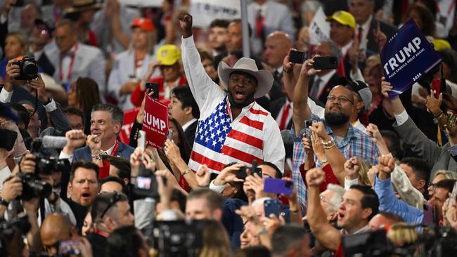 Florida delegate Jovante Teague leads a cheering crowd on the first day of the Republican National Convention in Milwaukee. Picture: Leon Neal/Getty Images/AFP