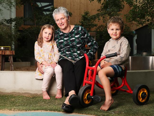 Ros Cornish with Neve Schofield, 4, and Harrison Rundle, 4, at Lady Gowrie Tasmania South Hobart.