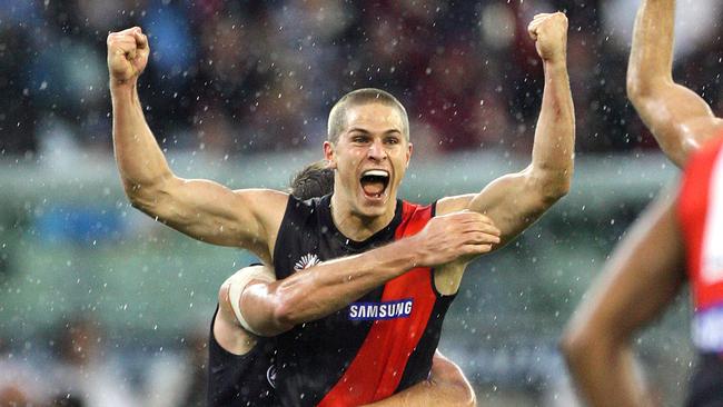 David Zaharakis celebrates his winning goal in the 2009 Anzac Day match against Collingwood.