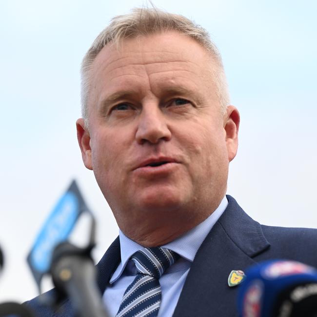 HOBART, AUSTRALIA - MAY 03: Tasmanian Premier Jeremy Rockliff speaks to the media during an AFL media opportunity to announce the commitment to establishing a 19th AFL team, in Tasmania, at North Hobart Oval on May 03, 2023 in Hobart, Australia. (Photo by Steve Bell/Getty Images)