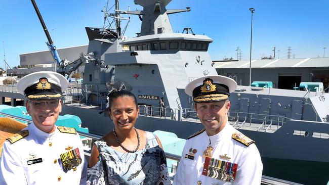 At ASC Osborne on Thursday, the official launch of Offshore Patrol Vessel Arafura with Commodore Steve Tiffen, currently director of general Naval Construction, with Nova Peris OAM who launched the ship, and Vice Admiral Michael Noonan, chief of Navy Australia. Picture Dean Martin