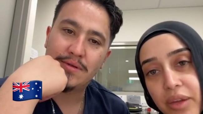 NSW Police are investigating after nurses at Bankstown Hospital, Rashad Nadir and Sarah Abu Lebdeh, wearing their NSW Health uniforms, were filmed declaring they refuse to treat Israeli people and would "kill them" if they presented to their ward. Picture: NewsWire