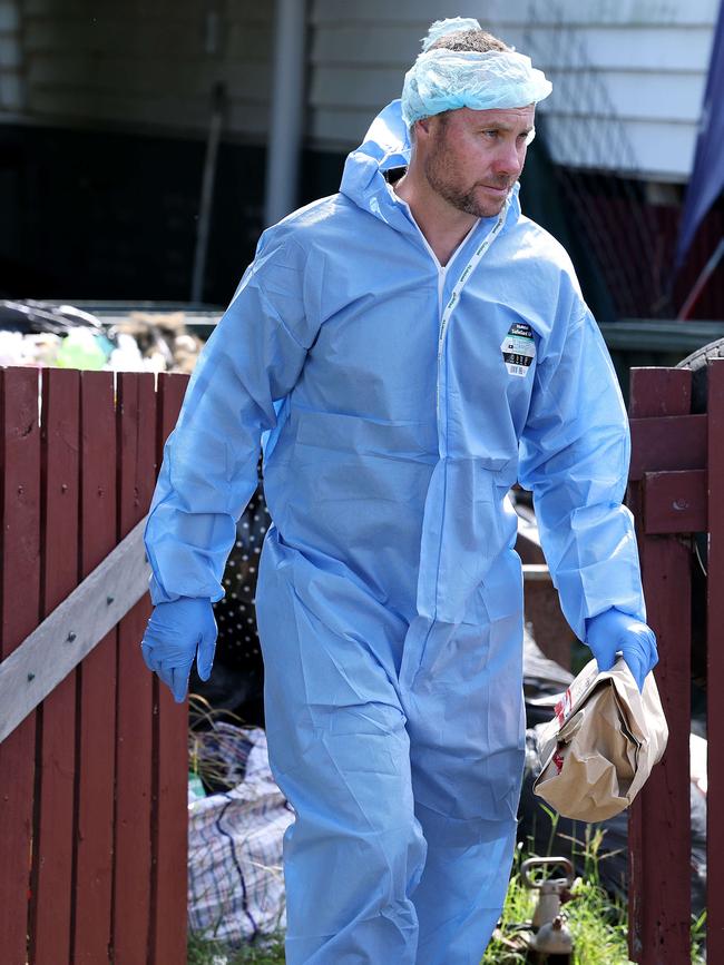 Police at the house in Milden Street, Gin Gin where missing girl Pheobe Bishop was living before her disappearance. Pics Adam Head