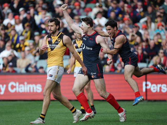 Harry Boyd celebrates a goal during the SANFL Grand Final.