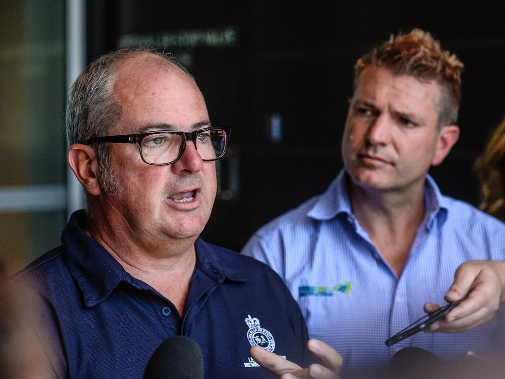 Local MP for Mawson Leon Bignell addressing the media with Thomas Foods International managing director Darren Thomas on Thursday. AAP Image/Roy Vandervegt