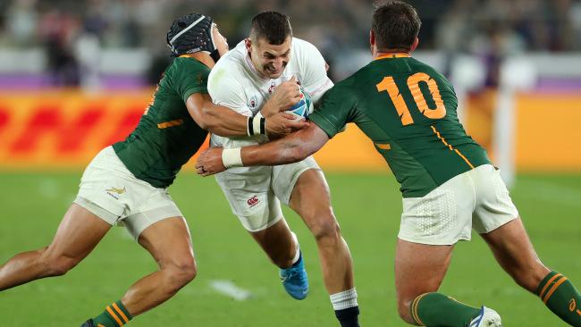 Jonny May is crushed in some tough South African defence. Picture: Dan Mullan/Getty Images