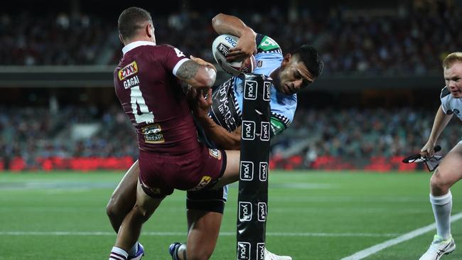 Try saving tackle by QLD's Dane Gagai on NSW's Daniel Tupou during Game 1 of the NSW v QLD State of Origin series at Adelaide Oval, Adelaide. Picture: Brett Costello